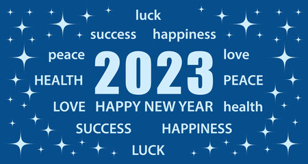 Fototapeta premium 2023 Happy New Year. Blue greeting card with best wishes. Vector illustration banner II.