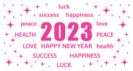 2023 Happy New Year. White and pink greeting card with best wishes. Vector illustration banner.