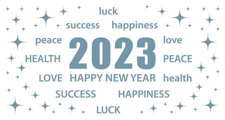 2023 Happy New Year. White and silver greeting card with best wishes. Vector illustration banner.