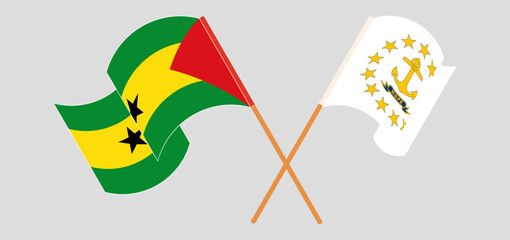 Crossed and waving flags of Sao Tome and Principe and the State of Rhode Island