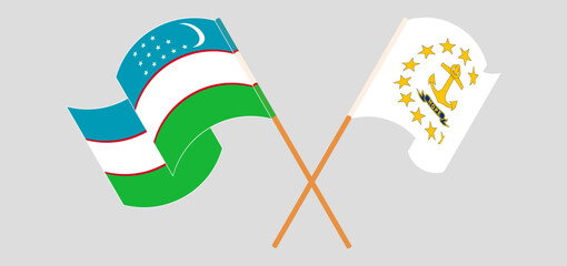 Crossed and waving flags of Uzbekistan and the State of Rhode Island