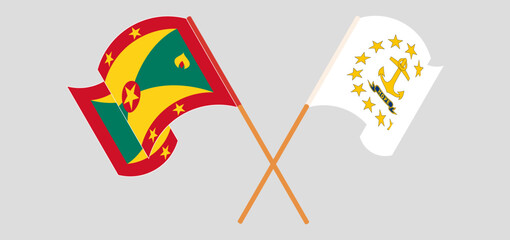 Crossed and waving flags of Grenada and the State of Rhode Island