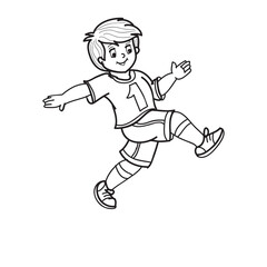 sketch, boy jumping and waving his arms, coloring book, cartoon illustration, isolated object on white background, vector,