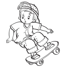 sketch, a boy in a cap boldly rides a skateboard, coloring book, cartoon illustration, isolated object on a white background, vector,