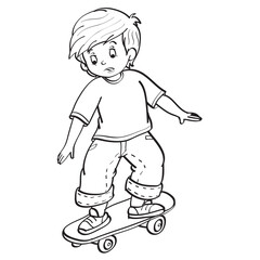 sketch, a boy carefully rides a skateboard, coloring book, cartoon illustration, isolated object on a white background, vector,