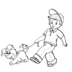 sketch, boy walking with a dog on a leash, coloring book, cartoon illustration, isolated object on a white background, vector,