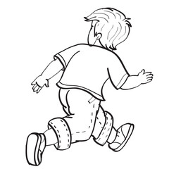 sketch, the boy turned his back to us and runs away, coloring book, cartoon illustration, isolated object on a white background, vector,