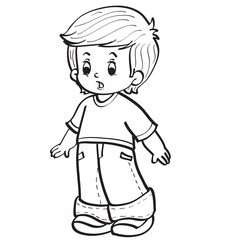 sketch, scared boy standing alone, coloring book, cartoon illustration, isolated object on white background, vector,