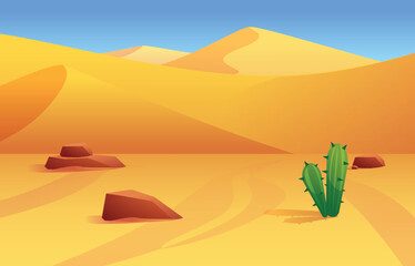 Bright colorful desert landscape with sand dunes, brown stones and green cactus flat style © sabelskaya