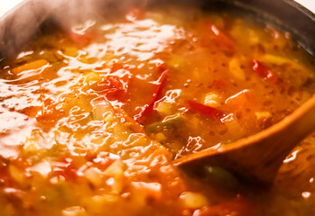 Cooking vegetable soup in saucepan, comfort food and homemade meal concept