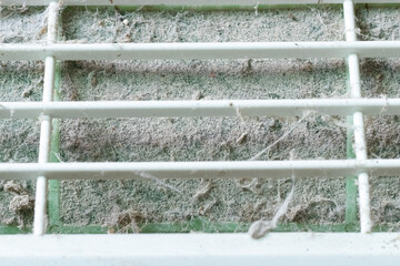 A lot of dust settles on the air conditioner's filter.