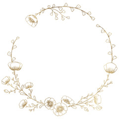 Gold line art floral wreaths with hand drawn poppy flowers and leaves, decorative botanical frame isolated on white background