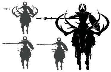 A black silhouette of a valkyrie woman galloping into battle with a spear at the ready on a huge deer or horses with huge sharp horns, she has a winged helmet and shield. 2d vector art