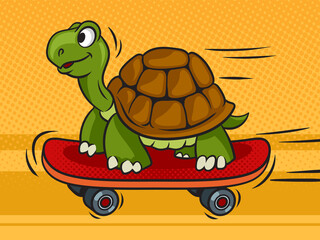cartoon turtle rides skateboard pop art retro raster illustration. Comic book style imitation.