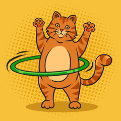 cat spins a hula hoop workout pop art retro raster illustration. Comic book style imitation.