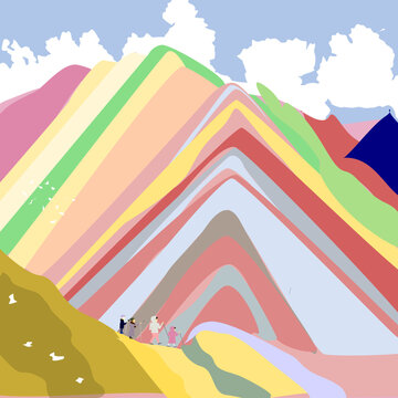 Vector of Vinicunca, also called Monta&ntilde;a de Siete Colores, Monta&ntilde;a de Colores or Rainbow Mountain, The varicolored mountain, with sediment created from mineral deposits over millions of years.