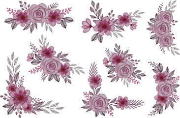 set pink roses watercolor floral frame for wedding card, set pink roses watercolor frame