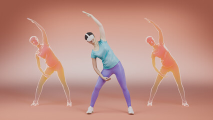 Metaverse sport female stretching and doing yoga and training while wearing virtual reality headset. Athletic digital avatars twins copy movement in the meta verse on a studio background. 3D rendering