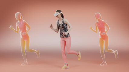 Metaverse sport girl running and training while wearing virtual reality headset. Athletic digital avatars run next to her in the meta verse on a studio background. 3D rendering