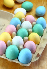 Fototapeta na wymiar Pastel painted different coloured Easter Eggs 