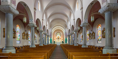 Interior and nave of the historic Basilica of St. Fidelis, commonly known as the Cathedral of the Plains, in Victoria, Kansas