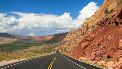 Bicentennial Highway, or Utah State Route 95, through desert and red rock formations outside of Blanding, Utah
