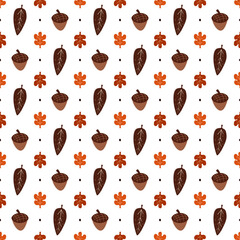 Seamless pattern with autumn leaves and acorns. 