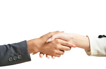 woman hand in business suit shaking together on white background 
