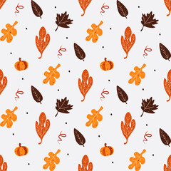 Seamless pattern with pumpkin and different leaves. Could be used as seamless patterns for fabric.