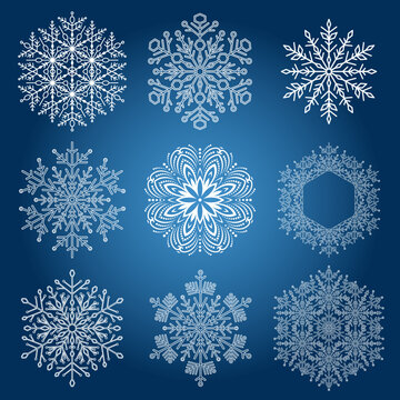Set of vector snowflakes. Collection of blue and white winter ornaments. Snowflakes collection. Snowflakes for backgrounds and designs