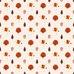 Autumn seamless pattern. Leaves and agaric. Great for paper, design of sketchbook, textile, gift wrap. 