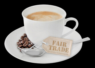 1 Tasse Kaffee mit Label Fair Trade und schwarzer Hintergrund