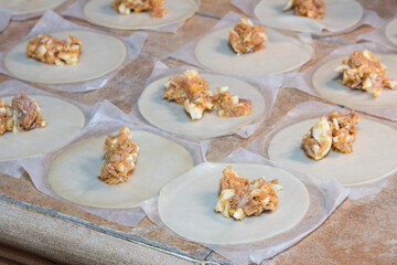 Close-up of a wafer with tuna and egg ready to make small pasties on a rustic kitchen counter with other filled wafers in the background. Homemade food.