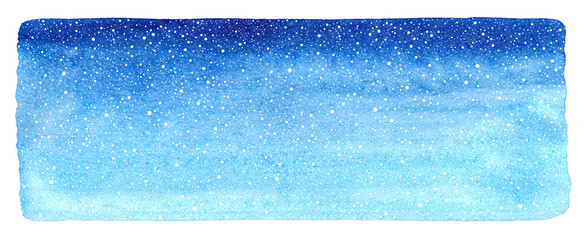 Fototapeta Winter watercolor long horizontal gradient background with falling snow splashes texture. Blue watercolour stains. Christmas, New Year hand drawn text frame, elongated template with artistic edges. obraz