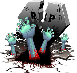 Zombie Creepy Bloody Hands sortant d& 39 une tombe avec une pierre tombale brisée, sur le cimetière