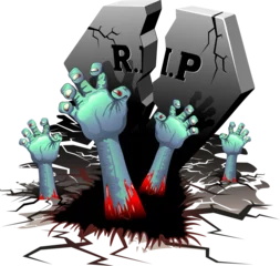 Papier Peint photo autocollant Dessiner Zombie Creepy Bloody Hands sortant d& 39 une tombe avec une pierre tombale brisée, sur le cimetière