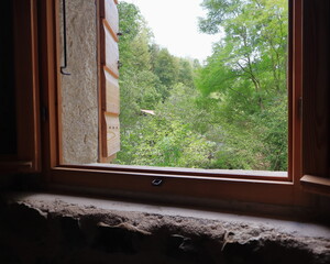 vecchia finestra con vista sul bosco