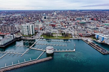 View of Confederation Basin in Kingston Ontario Canada. Aerial in front of City Hall
