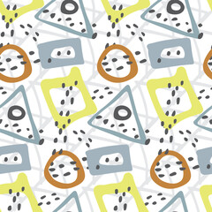 Fun midcentury modern memphis style seamless vector pattern background. Backdrop with naive circles, triangles, squares and dots in red yellow blue. Relaxed arty all over print. Gender neutral repeat