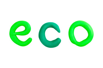 Simple green eco word, ecology short text logo isolated on white, cut out font Handmade crafted...