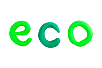 Simple green eco word, ecology short text logo isolated on white, cut out font Handmade crafted plasticine letters. Kids, children creative crafts, three letters made from modeling clay eco conceptual