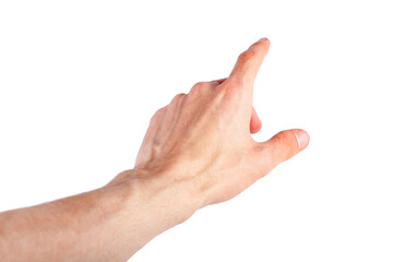 Human finger pointing out, pressing, tapping screen natural gesture isolated on white background,...