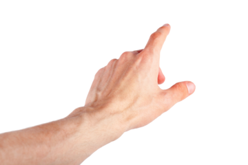 Human finger pointing out, pressing, tapping screen natural gesture isolated on white background, cut out. Interaction with media, showing something, choosing, augmented reality hand movement concept