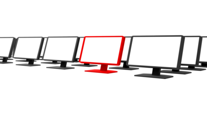 Row of pc monitors render, lots of rows of blank black pc screens isolated on white. One display red, pointed out. Graphical resources, customer service, one of a kind, one chosen from many concept