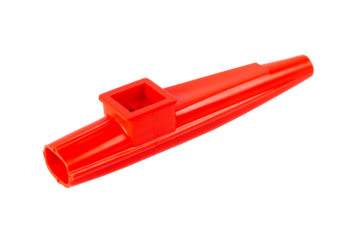 Red kazoo, plastic traditional musical instrument object isolated on white, cut out, closeup. Kids wind instruments with vibrating membrane, unique membranophones, noisemakers simple concept, nobody