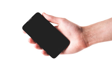 Simple modern smartphone held in hand, blank empty black screen. Object isolated on white...