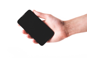 Simple modern smartphone held in hand, blank empty black screen. Object isolated on white background, cut out. Showing something on a mobile phone, holding out gesture. Matte shot, horizontal