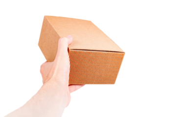 Man handing a small brown closed cardboard package, quick shipment delivery, transportation and product shipping concept first person view Carton box held in hand isolated on white post office courier