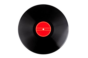 Simple clean clear vinyl record template, disc with a empty, blank stylish red label isolated on...