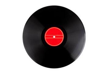 Simple clean clear vinyl record template, disc with a empty, blank stylish red label isolated on white, copy space. Cut out vinyl design concept